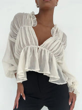 Retro-Bluse mit transparentem Netzstoff und Laternenärmeln